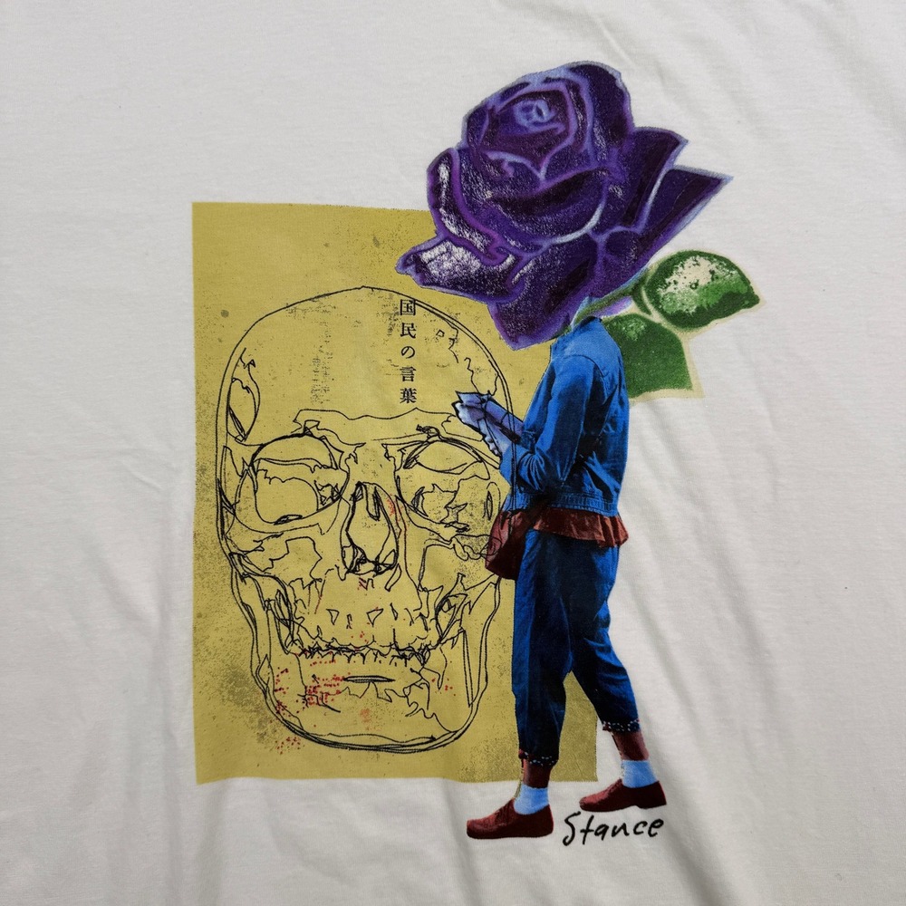 Stance Shirt Mens Large Graphic TShirt Cream Skull Rose Purple Flower Streetwear - Picture 2 of 4